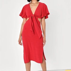 Lulus Summer Journey Red Tie-Front Cutout Midi Dress- red size XL